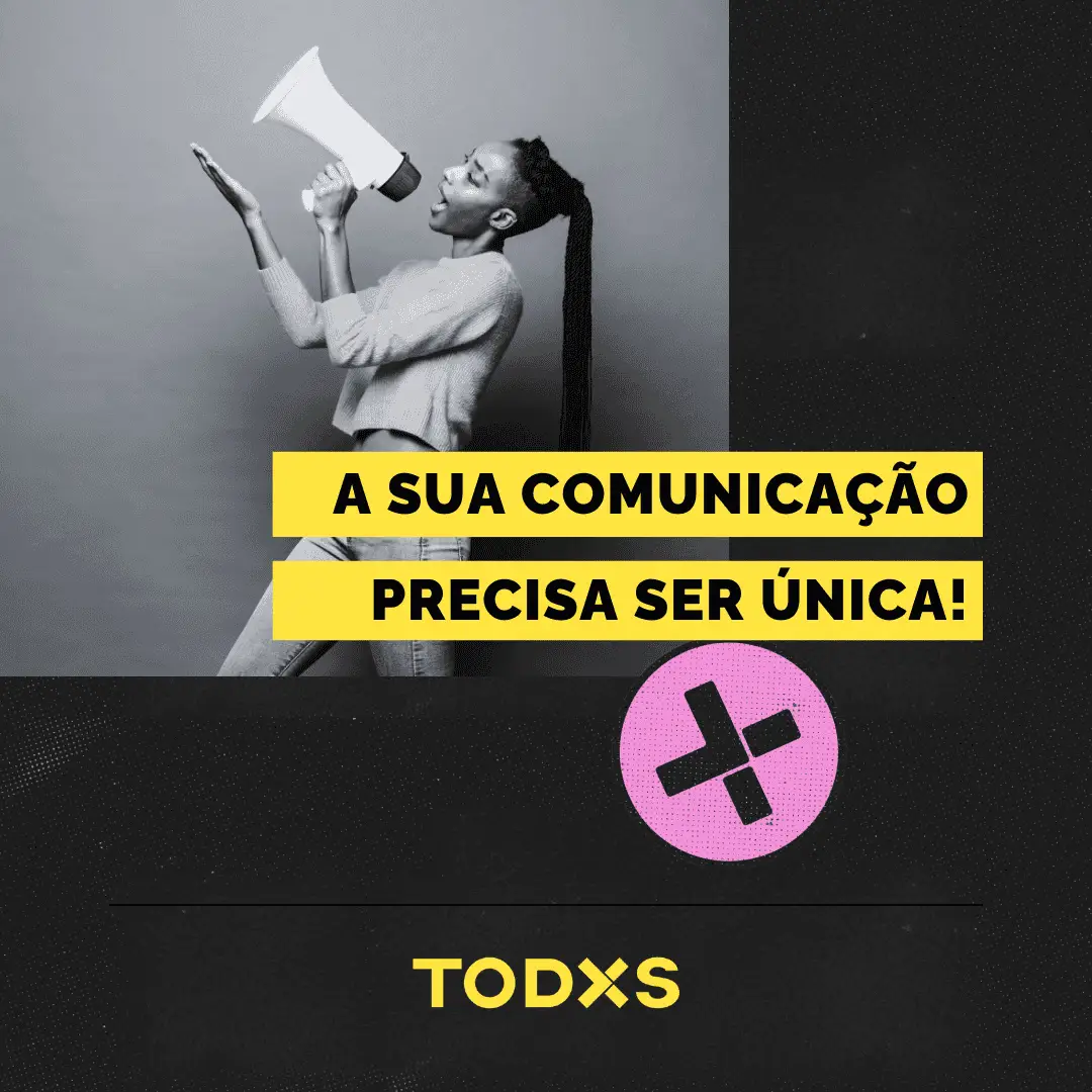 Diretiva de comunicação para comunidade LGBTQIA+ em português, mulher com megafone, provocando diálogo, identidade visual TODXS, diversidade, inclusão, igualdade, mensagem de empoderamento e respeito.